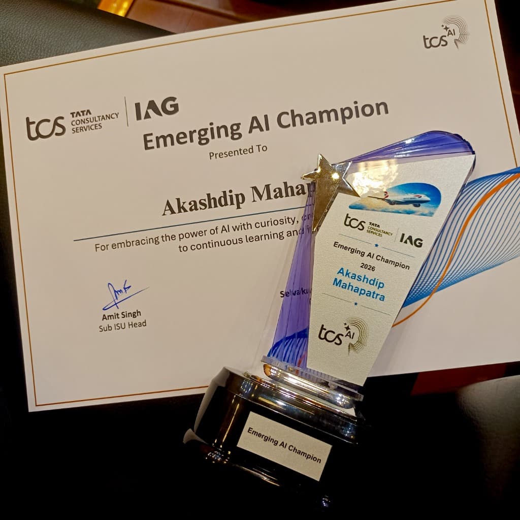 Akashdip Mahapatra holding the Emerging AI Champion Trophy awarded by TCS Global Aviation Client for Enterprise AI Innovation